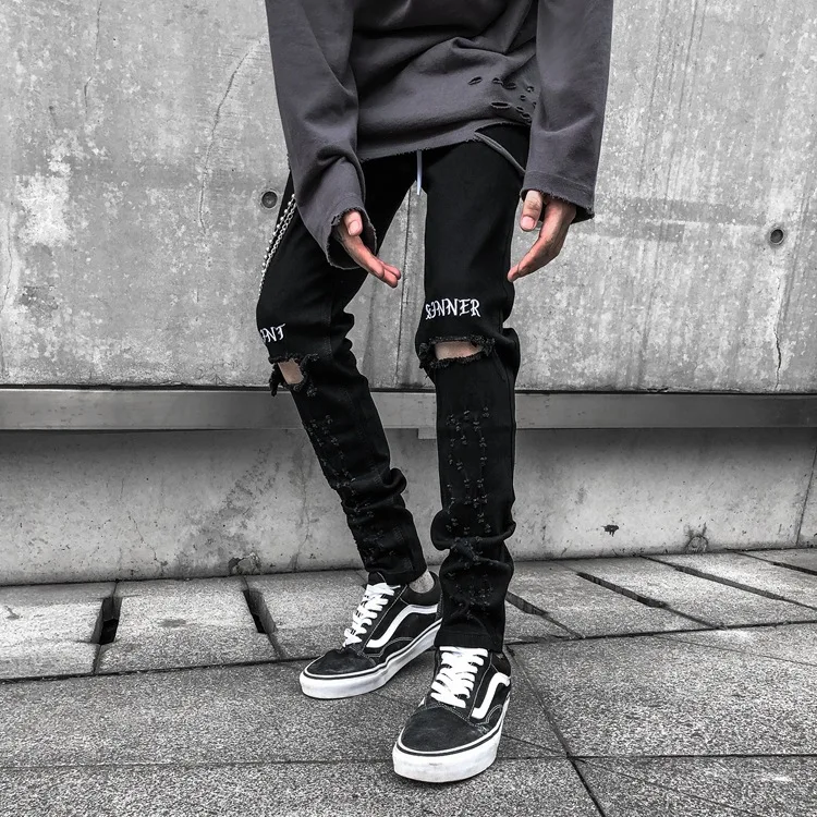 QIWN High Street Jeans Knee Hole Jeans Men's Black Embroidered Stretch Slim Slim Pants Denim Jeans  Men Skinny Jeans