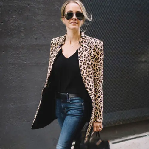 Heißer Verkauf Mode OL Arbeit Tragen Mid-länge Jacken Vintage Leopard Gedruckt Jacke Tops Frauen Herbst Blazer Langarm sexy Mäntel