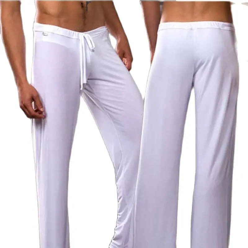 Pantalones de malla transpirables de cintura baja para hombres, ropa de dormir fina de seda de hielo para Yoga, pantalones transparentes para el