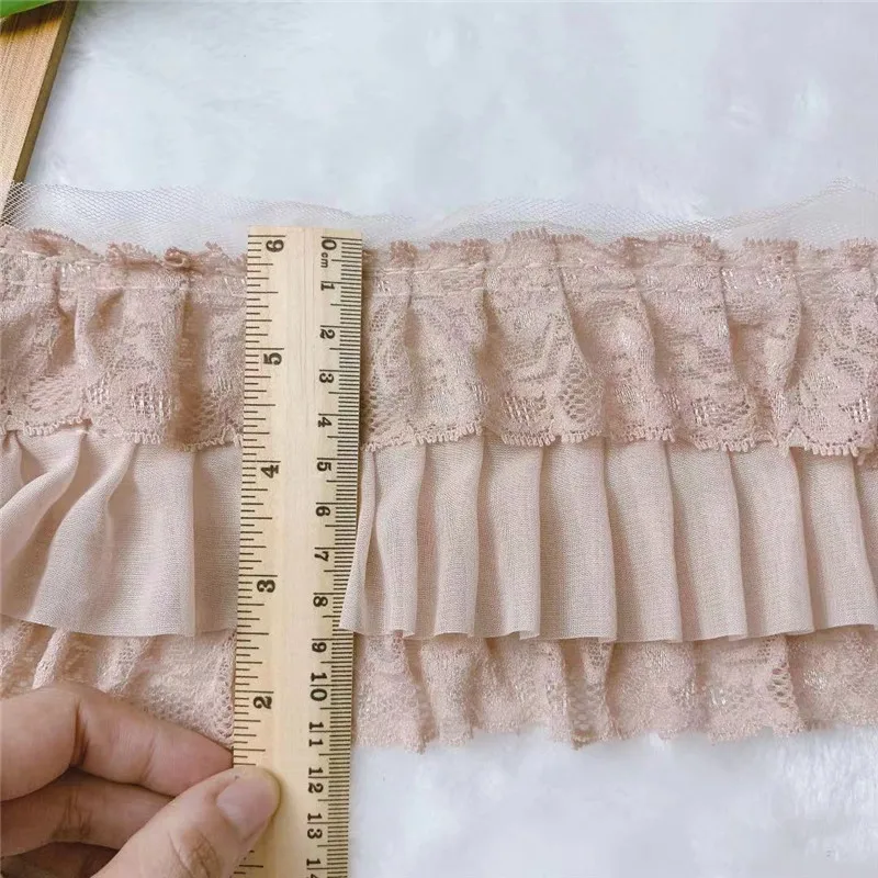 11CM szerokości trzy warstwy w proszku różowa szyfonowa, plisowana tkanina z koronki haftowana wstążka z frędzlami Pettiskirt Patchwork do uszycia