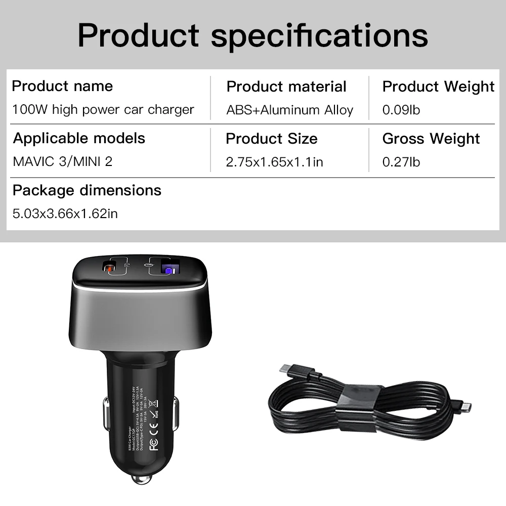 Pengisi Daya Mobil 100W untuk Pengisi Daya Kendaraan Baterai Drone Mavic 3 Portabel Pengisi Daya Perjalanan Luar Ruangan Cepat