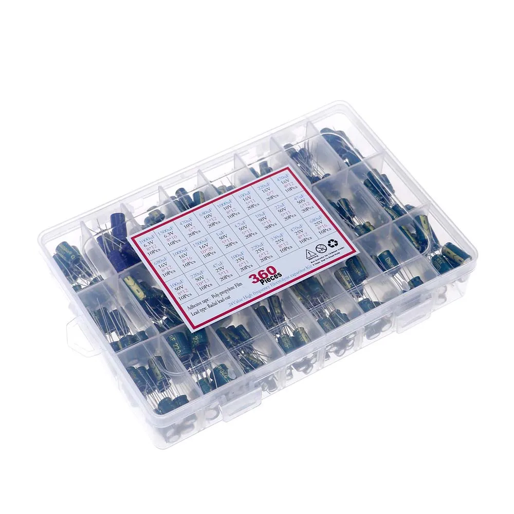 360Pcs/Box 24 Values High frequency electrolytic Capacitor Kit set 1UF-1500UF Aluminum Capacitors 6.3V-50V Low ESR