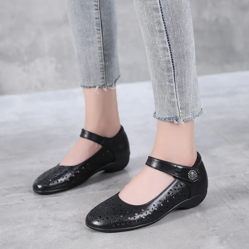 GKTINOO Genuine Leather Ladies Flat Summer Shoes Woman Slip On Casual Loafers Hollow Out Round Toe Soft Comfort Sandals Female