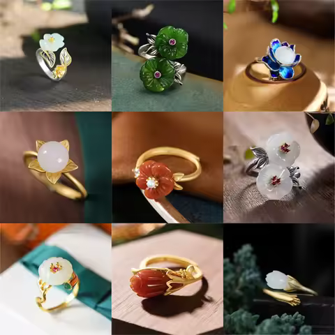 New Sterling Silver Natural Hetian Jade Lotus Handmade Female Model Atmospheric Retro Temperament Open Ring