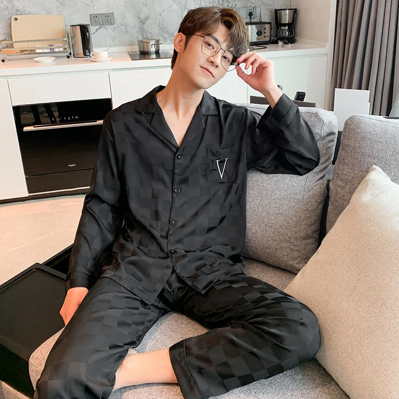 Lisacmvpnel New Men Pajamas Spring And Autumn Ice Silk Long Sleeve Home Clothes Jacquard Large Size Casual Pyjamas