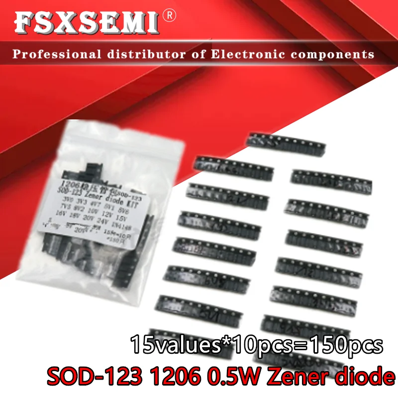 15values*10 pcs=150pcs SOD-123 1206 0.5W Zener diode SMD package KIT 3V~24V 1N4148