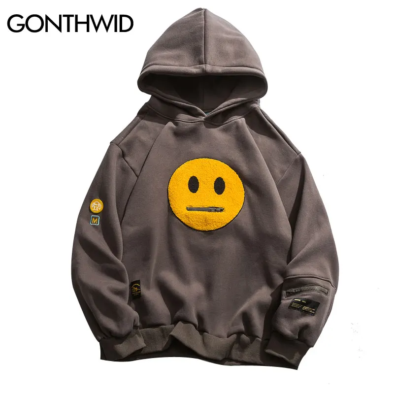 GONTHWID Hoodies Streetwear Hip Hop Zipper Pocket Smile Face Patchwork Hooded Sweatshirts Harajuku Hip Hop Casual Pullover Tops