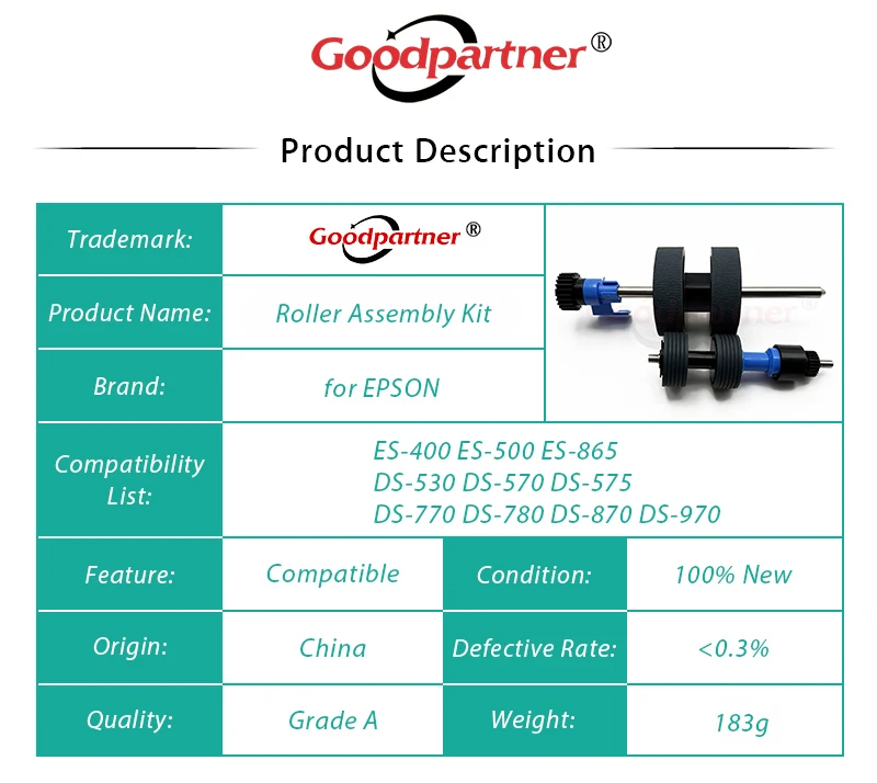 1X B12B819031 Roller Assembly Kit for EPSON ES-400 ES-500 ES-865 DS-530 DS-570 DS-575 DS-770 DS-780 DS-870 DS-970 FF-680W