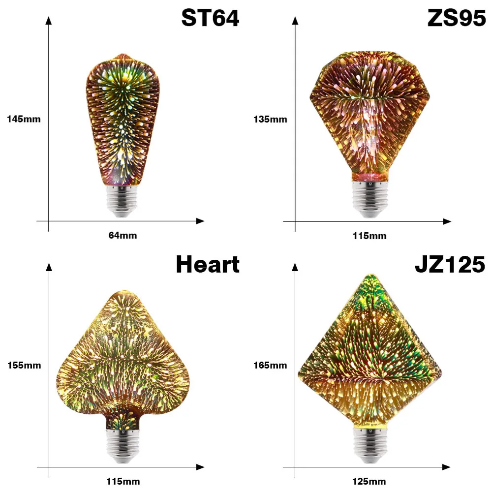 3D Colorful LED Edison Light Bulb E27 220V Vintage Fireworks Decoration Bulb ST64 G95 A60 Christmas Ampoule LED Lamp Lighting