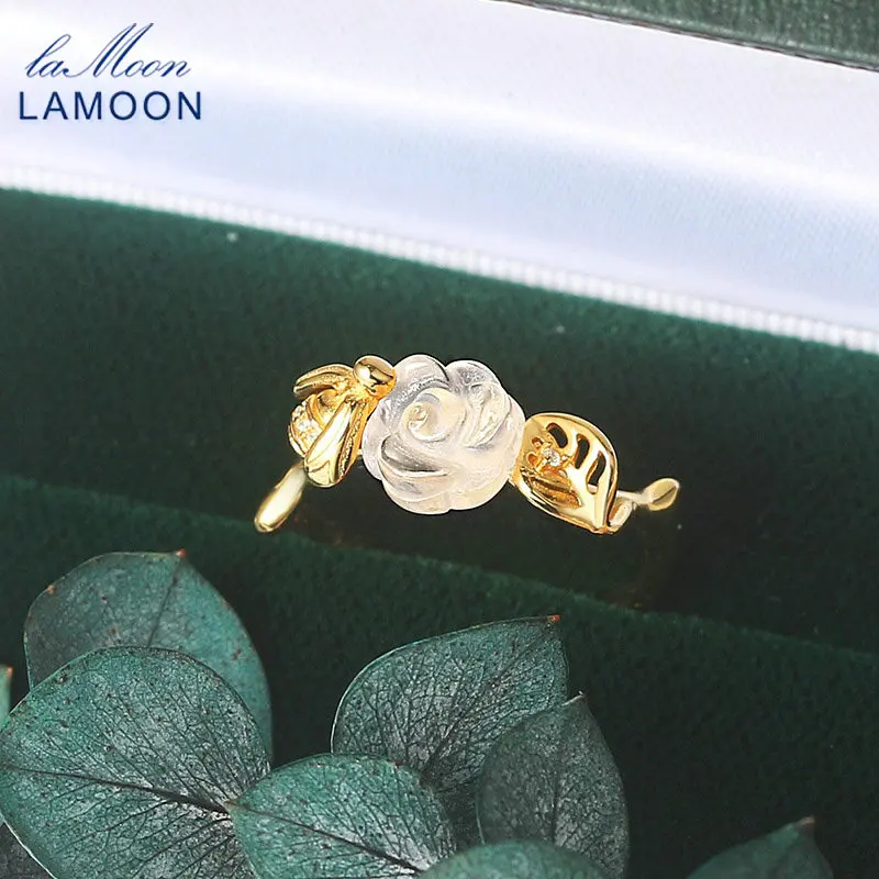 

LAMOON 925 Sterling Silver Ring For Women Rose & Bee Natural Rose Quartz Cocktail Ring 14K Gold Plated Fine Jewelry LMRI110