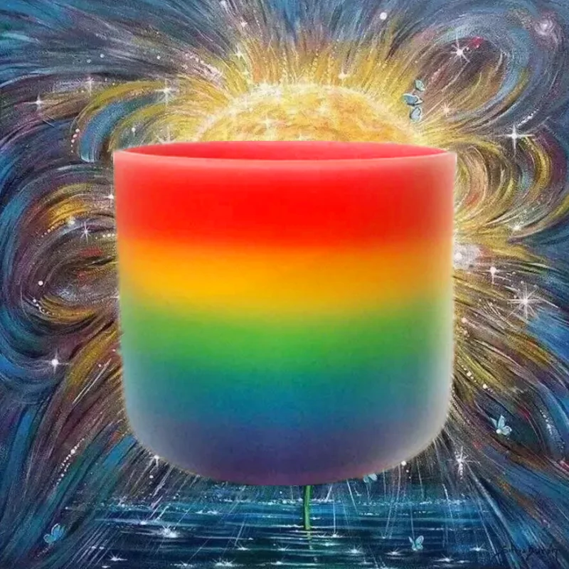 KVKA 1 Pcs 7-8 Inch Chakra Quartz Colored Crystal Singing Bowl for Yoga Sound Bath Musical Instrument Rainbow Healing