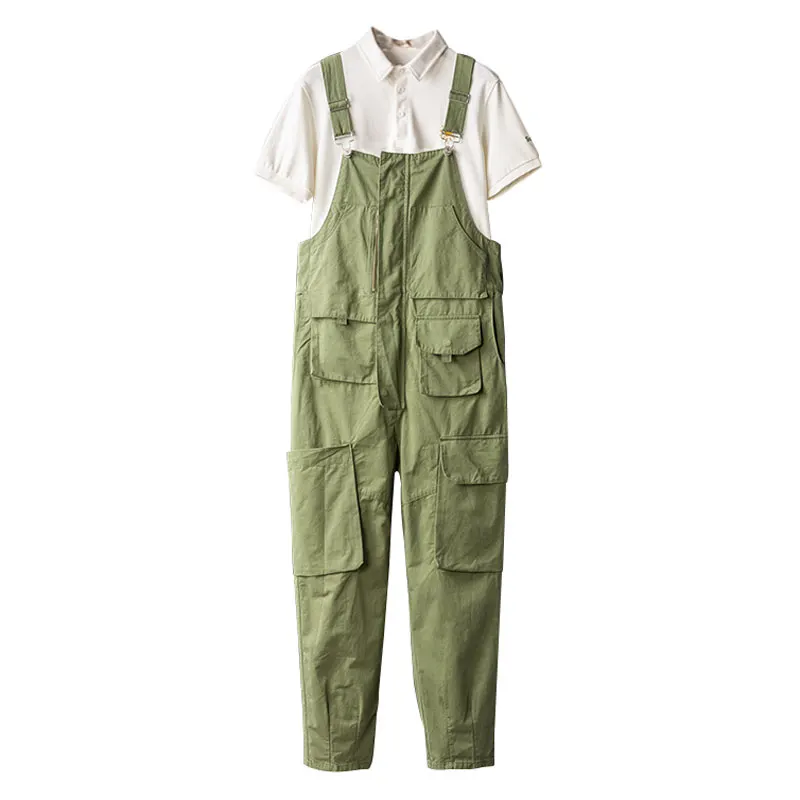 

2021 Overalls Mens Bib Jumpsuits Cotton Loose Multi-Pocket Straight Trousers Male Solid Green Brown Casual Long Pants Clothing