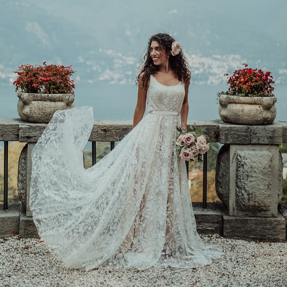 Vestido de fiesta de boda sin mangas de encaje, cuello redondo, personalizado, espalda abierta, romántico, jardín, cinta rústica, traje nupcial de playa