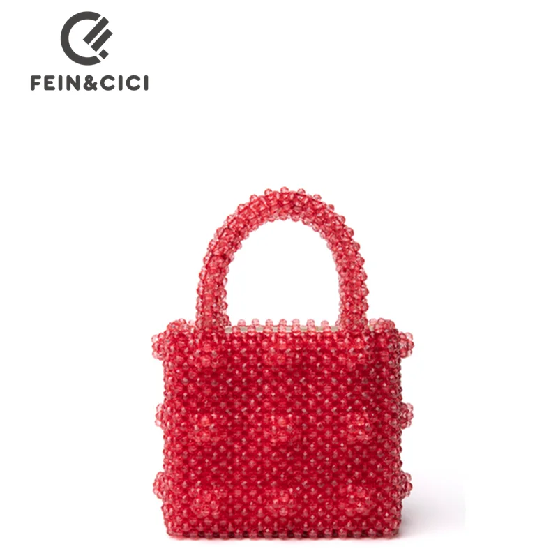 bead bag luxury designer brand Acrylic crystal clear pearl beaded box tote bag women party bucket handbag red summer vintage