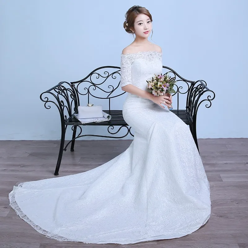 Abito da sposa a sirena romantico bianco rosso con maniche Plus Size abiti da sposa Vintage con spalle scoperte Vestidos De Noiva foto reale