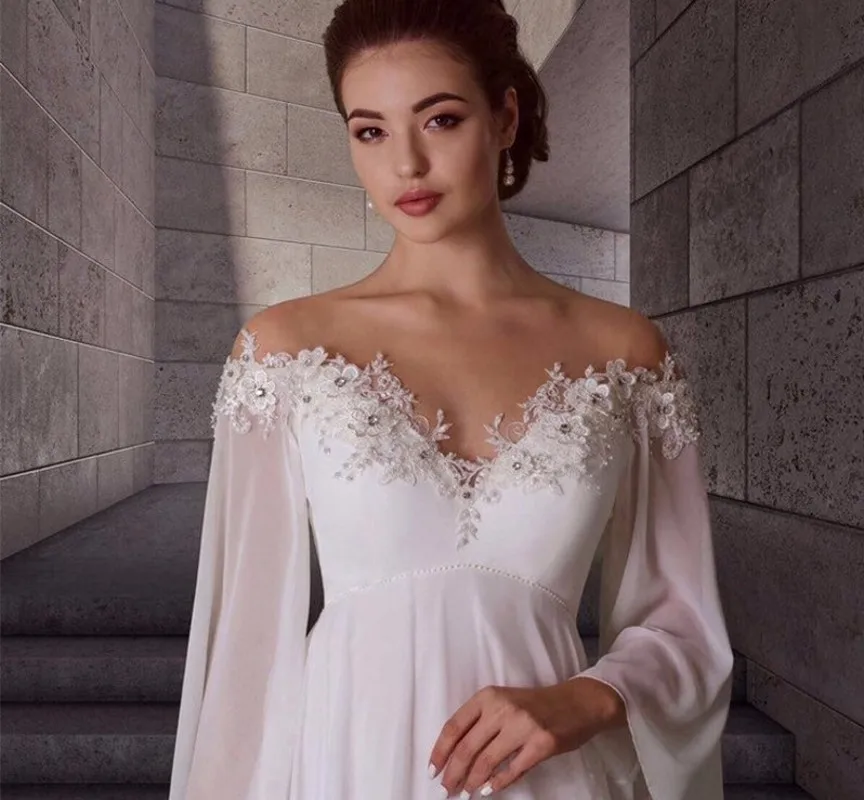 Robe de Mariée en Mousseline de Soie, Tenue Bohème à Manches sulf, Simple et Élégante, Nouvelle Collection 2025