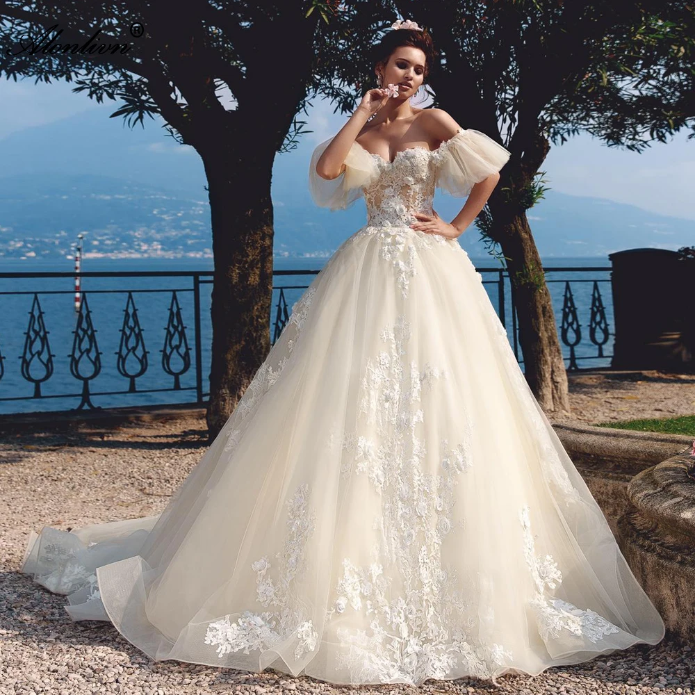 Alonlivn Personalizza Perline di lusso Stampe floreali 3D Abiti da sposa a-line Sweetheart Maniche a sbuffo Abiti da sposa delicati