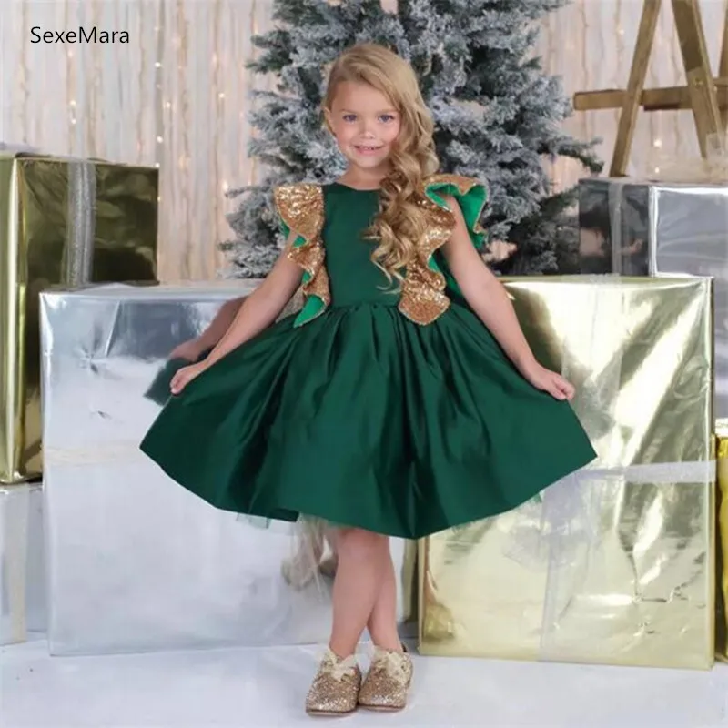 Green Peacock Ruffle Layers Baby Girls Dresses Puffy Tulle First Birthday Dress Glitter Knot Girl Party Dress New Photoshoot