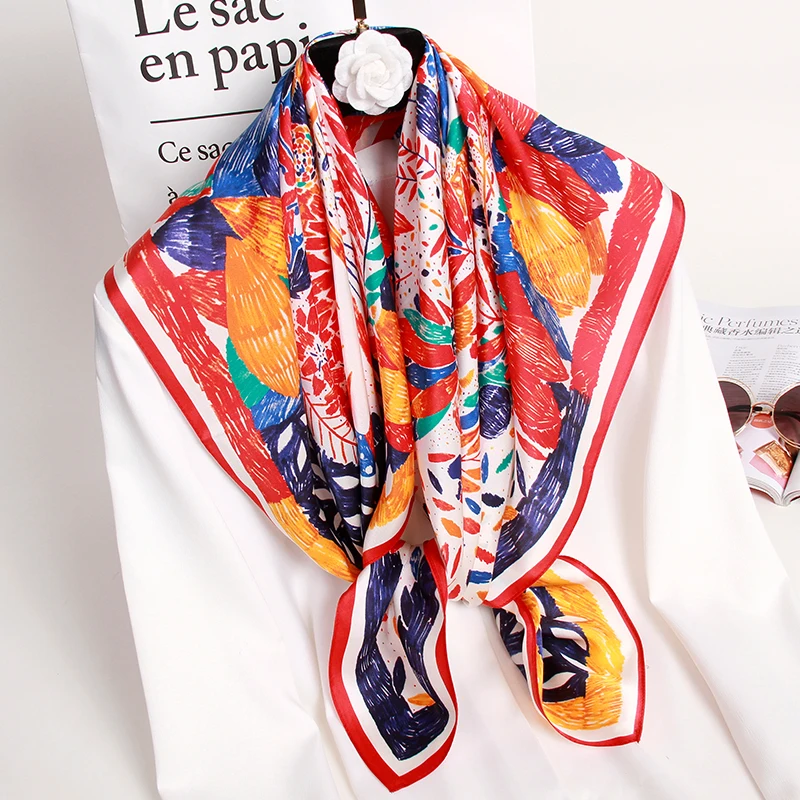 

Square Silk Scarves Women 2021 Printed Wrap Hangzhou 14mmSilk Bandana Foulard Femme Kerchief 100% Real Silk Square Scarf 88*88cm