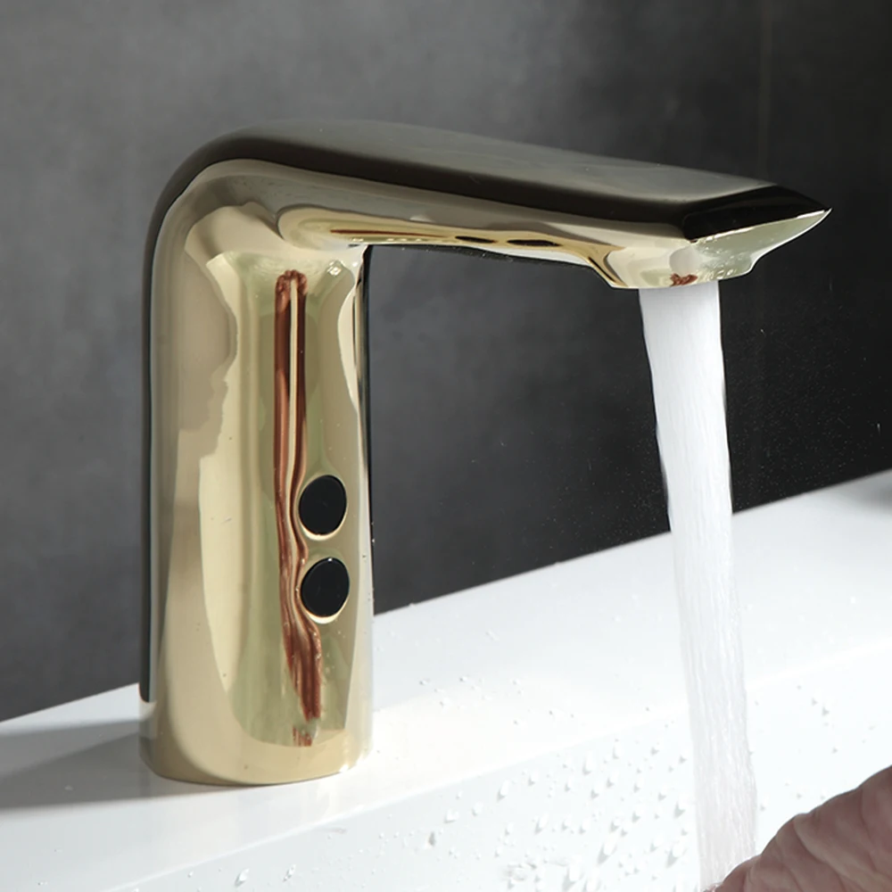 Automatic smart basin faucet brushed golden oro color full brass copper body mixer water cold & hot ac 220 /dc 6 power voltage