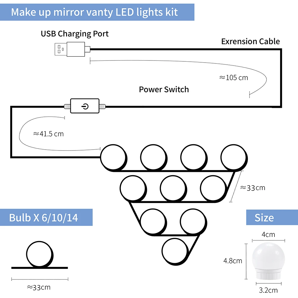 LED Makeup Mirror Lamp USB Hollywood Vanity Light Bathroom Bulb Kit LED Dressing Table Wall Lamp For Cosmetic Mirrors Decoration