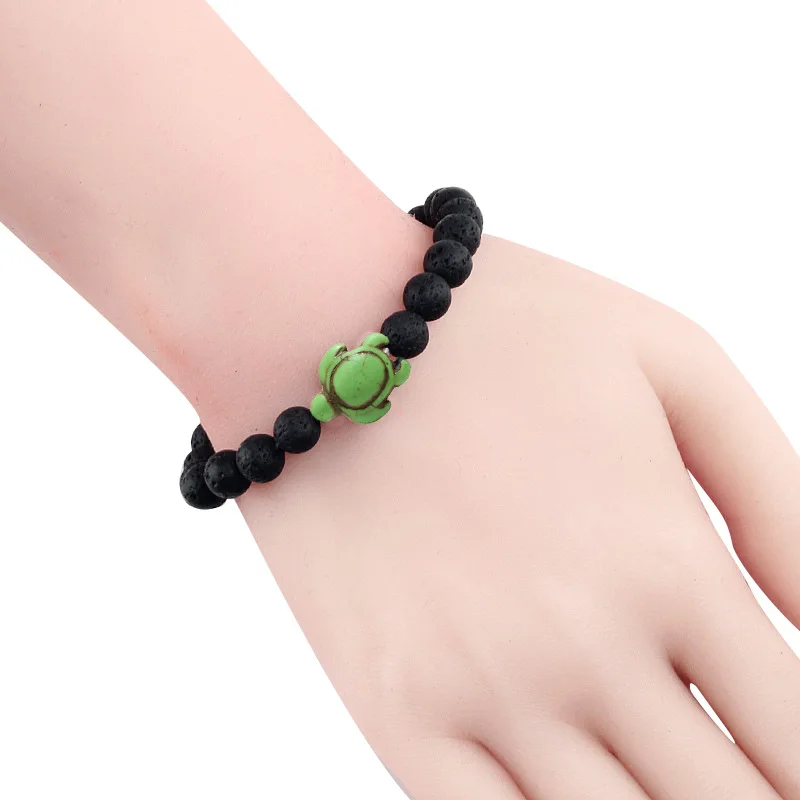 Summer Beach Sea Turtle Beads Bracelet for Men Charm Black Lava Natural Stone Bracelet Hamdmade Strand Elastic Bangles Jewelry