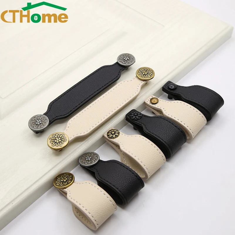 128mm Leather Kitchen Handles Nordic Drawer Cabinet Knobs and Wardrobe Handles Furniture Door Pulls Hardware