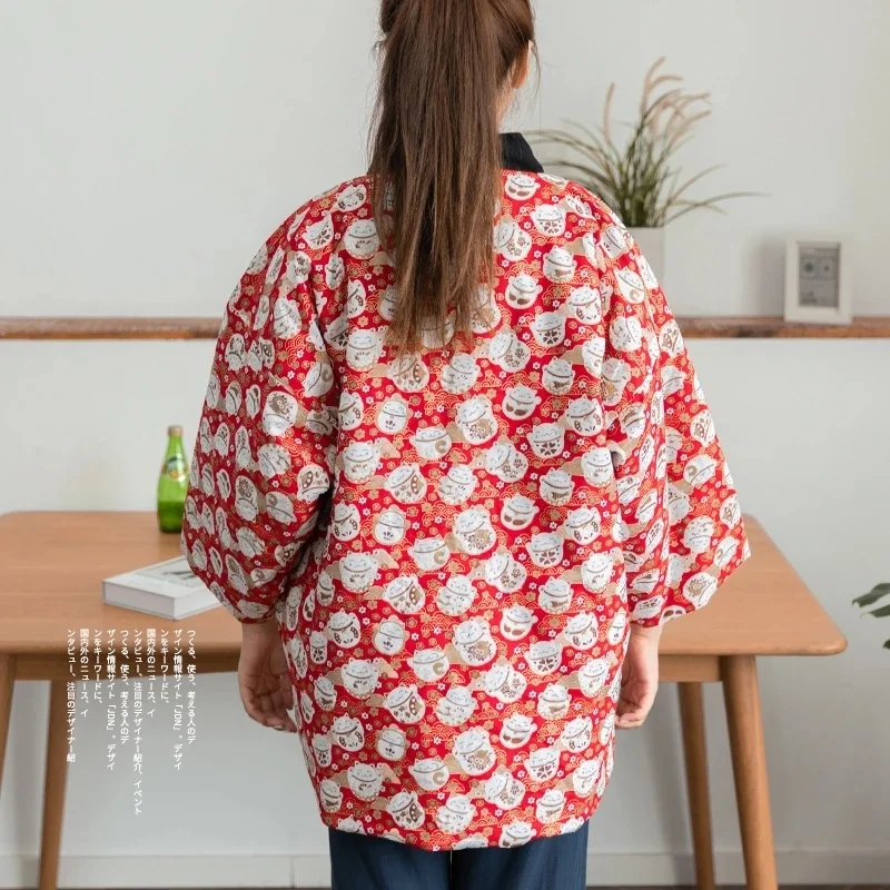 Print Warm Wadded Cotton Kimono Haori Japanese Style Winter Thick Cotton-Padded Coat Vintage Keep Warm Loose Kimonos Tops