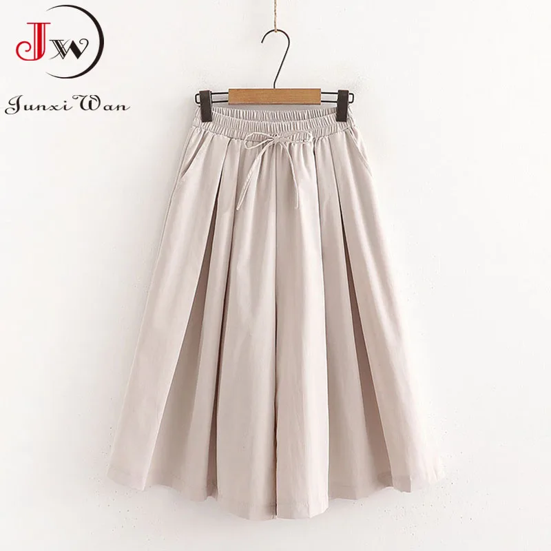 Women Summer Shorts Skirts Solid Elastic Waist Loose Casual Elegant Cotton Wide Leg Pants Korean Style Girls Midi Trousers