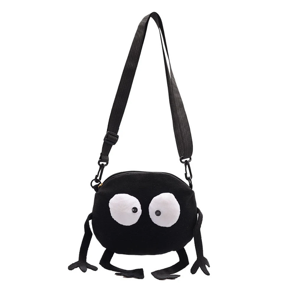 New Cartoon Big-eyed Monster Women's Bag Small Messenger Bag Unisex Black Canvas Shoulder Bag Telescopic shoulder strap Handbags