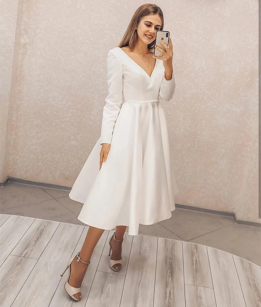 Weiyin AE0725 Short Wedding Dress 2023 A-Line Long Sleeve V-Neck Simple Boho Vintage For Women Robe De Mariee Bridal Gowns