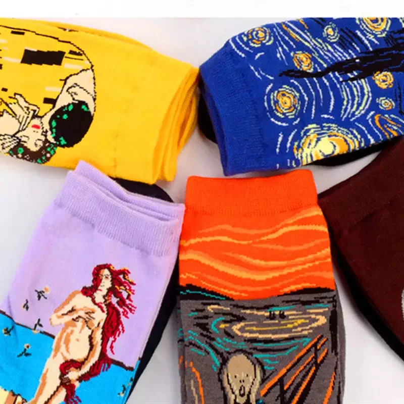 1Pairs/Hot Happy Socks women's Men's socks Personality Art Van Gogh Mural World Famous Painting Female Sock Oil Socks