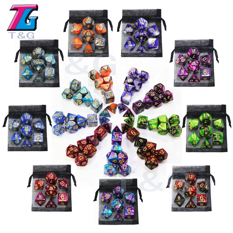 DnD 2-Colors Dice Sets High Quality Game Pieces with Gold Numbers 7PCS/set