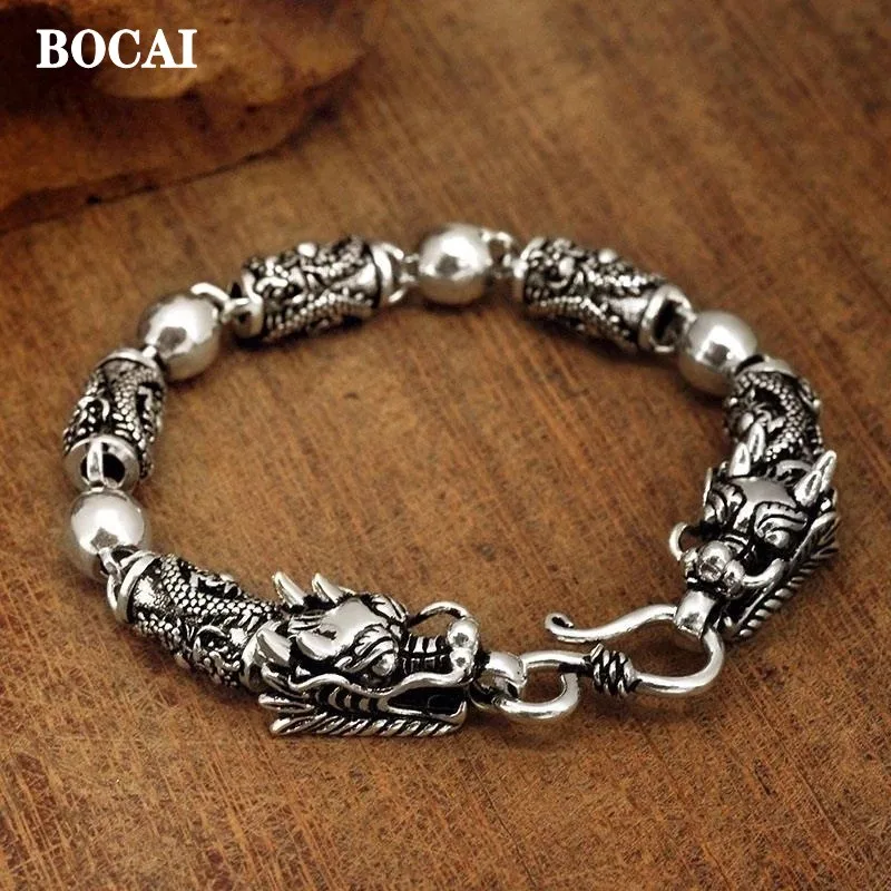 

2022 Pure S925 Silver Jewelry Retro Domineering Classic Ethnic Style Double Dragon Playing With Beads Good Luck Man Bracelet