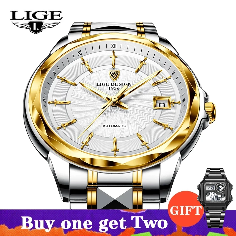 LIGE nuovo orologio meccanico da uomo personalità oro moda acciaio al tungsteno orologio da uomo d\'affari 50M orologio automatico impermeabile uomo