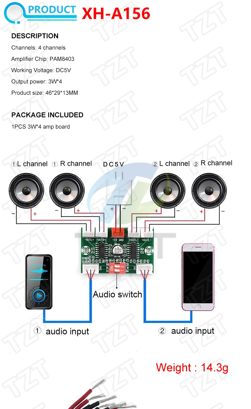 1/3 Stück 4*3W PAM8403 4-Kanal Mini Digital Audio Verstärker DIY Modul USB 5V kleiner Stereo-Verstärker Verstärkerplatine XH-A156 – Detail 1