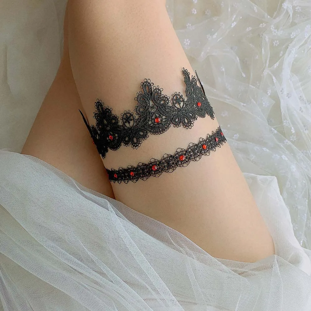 2pcs Black Sexy Wedding Garter Beaded Appliques Sexy Garters Women/Female/Bride Thigh Ring Bridal Lace Leg Ring Loop