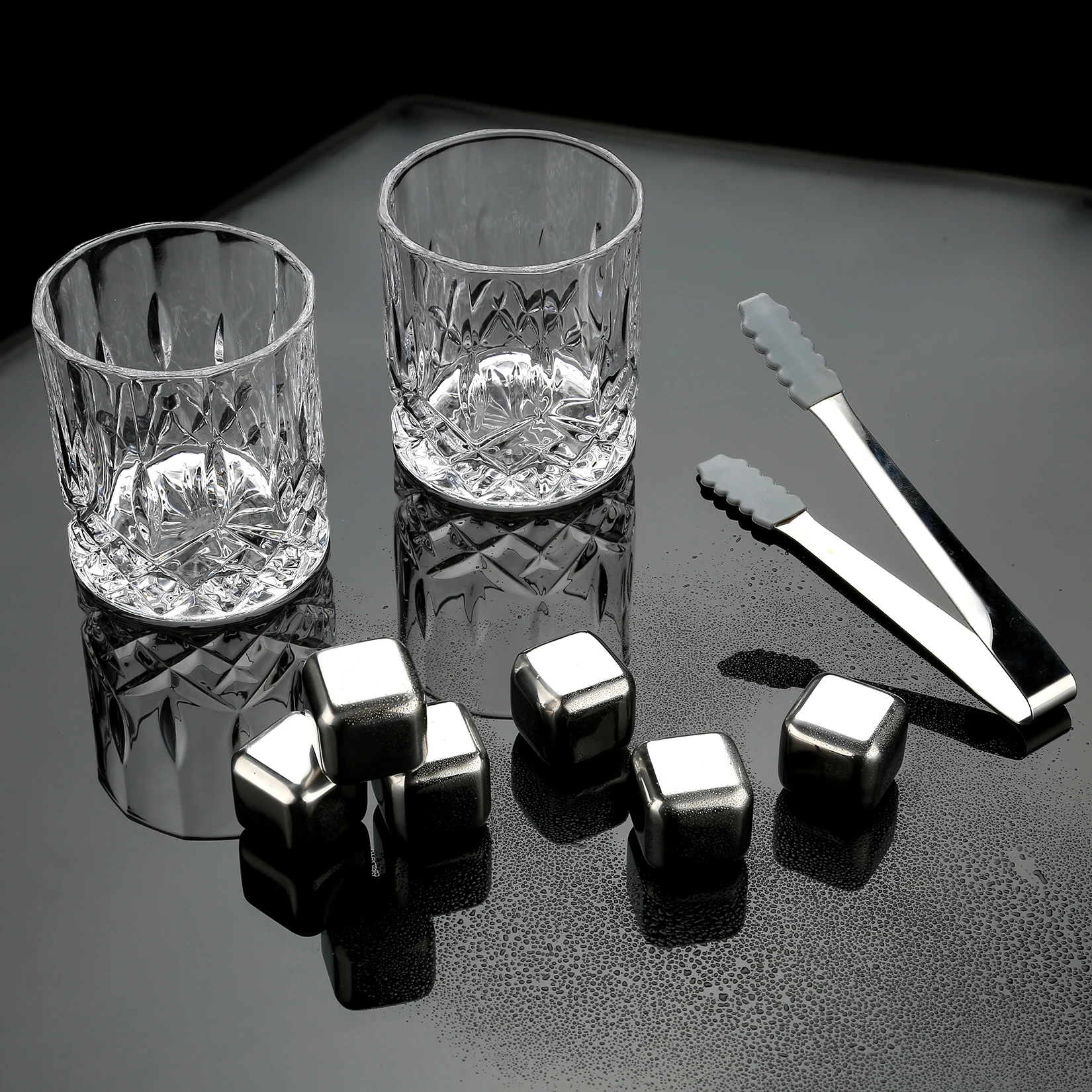 Whiskey Stones and Glasses Set, Steel Ice Cubes for Whisky, Whiski Chilling Rocks in Wooden Box, Gift for Dad, Husband, Men