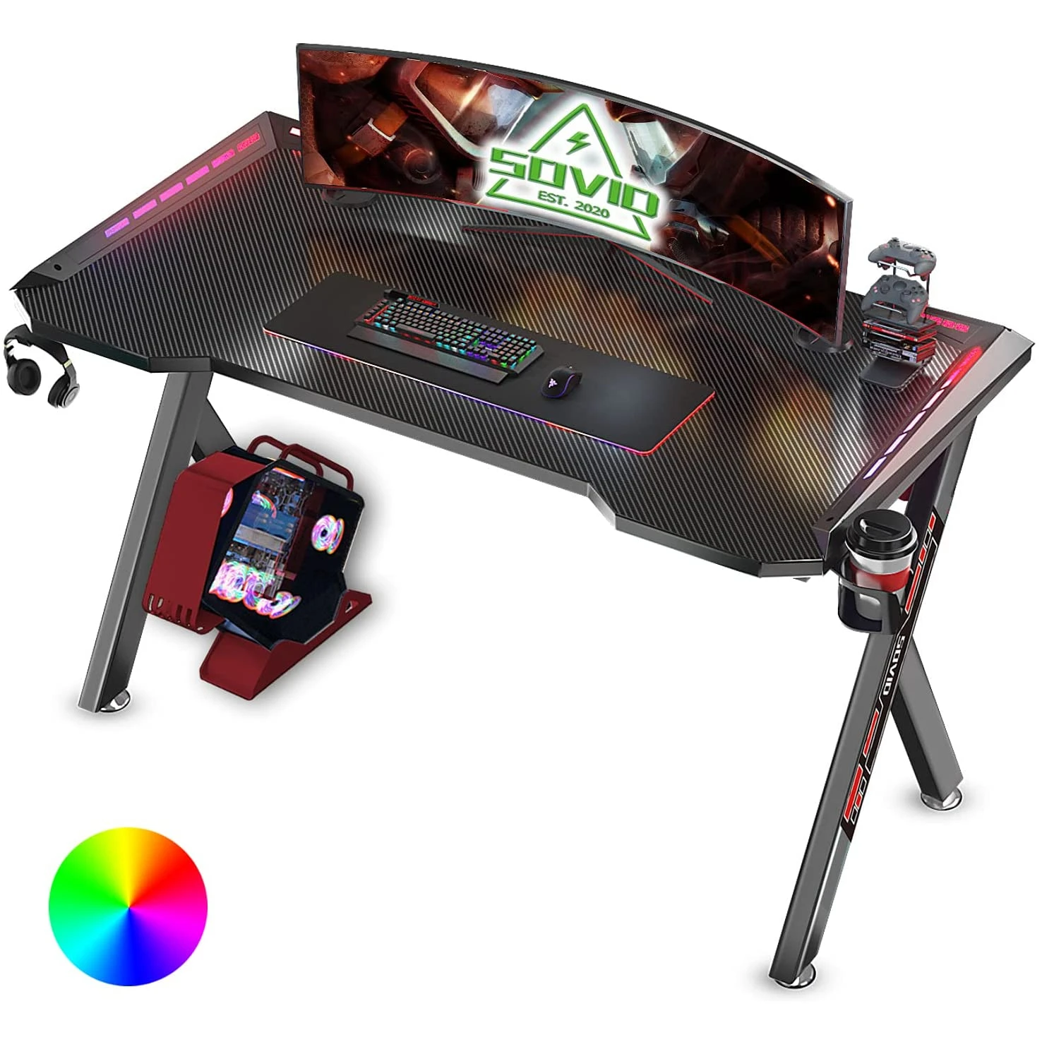 SOViD Gaming Table 47 Inch PC Computer Desk W/ LED RGB Lights Y Shaped Legs Gamer Handle Rack Cup Holder&Headphone Hook Black