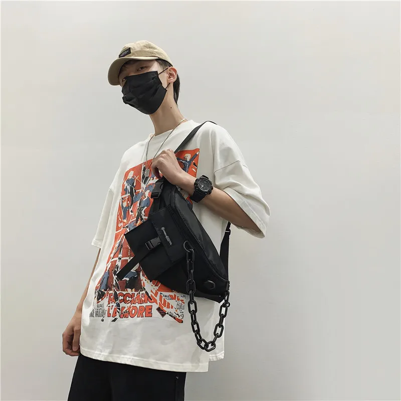 Cool Black Chains Chest Bags for Men Trend Streetwear Men\'s Waist Bag Unisex Large Capacity Purse Belt Bag Nylon Fanny Pack 2021