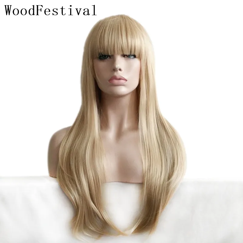 WoodFestival Synthetic Hair Wig With Bangs Cosplay Wigs For Women Long Blonde Black Dark Brown Burgundy Wavy Female