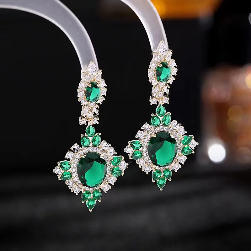 EYER Luxury Geometric Cubic Zircon Statement Dangle Drop Green Earrings For Women Wedding Bridal Retro Fashion Earrings 2021