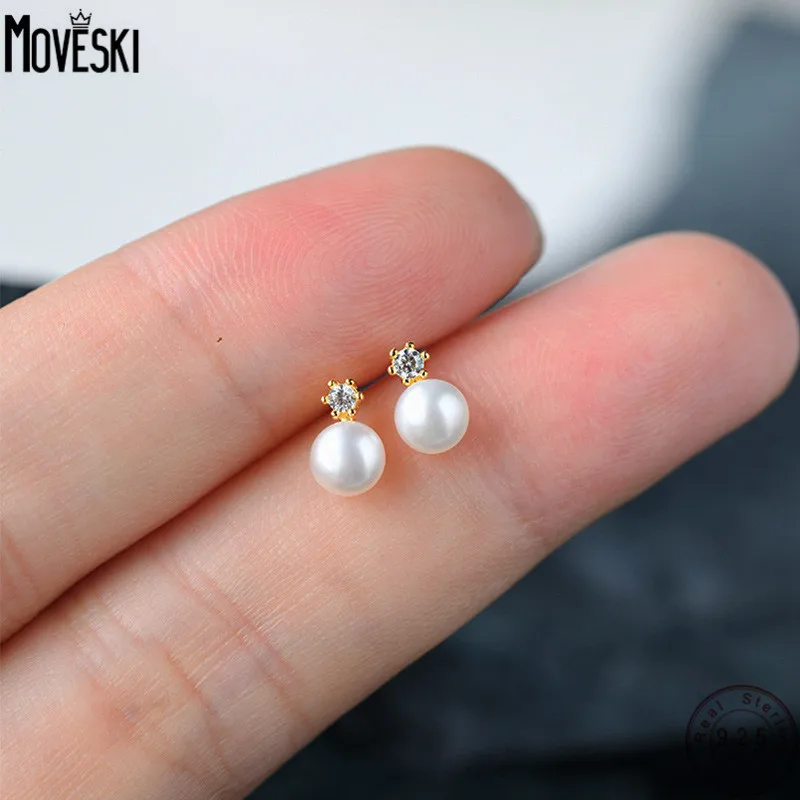 

MOVESKI 925 Sterling Silver Zircon Pearl Earrings Women Small Simple Fashion Trend Temperament Jewelry Party Gift