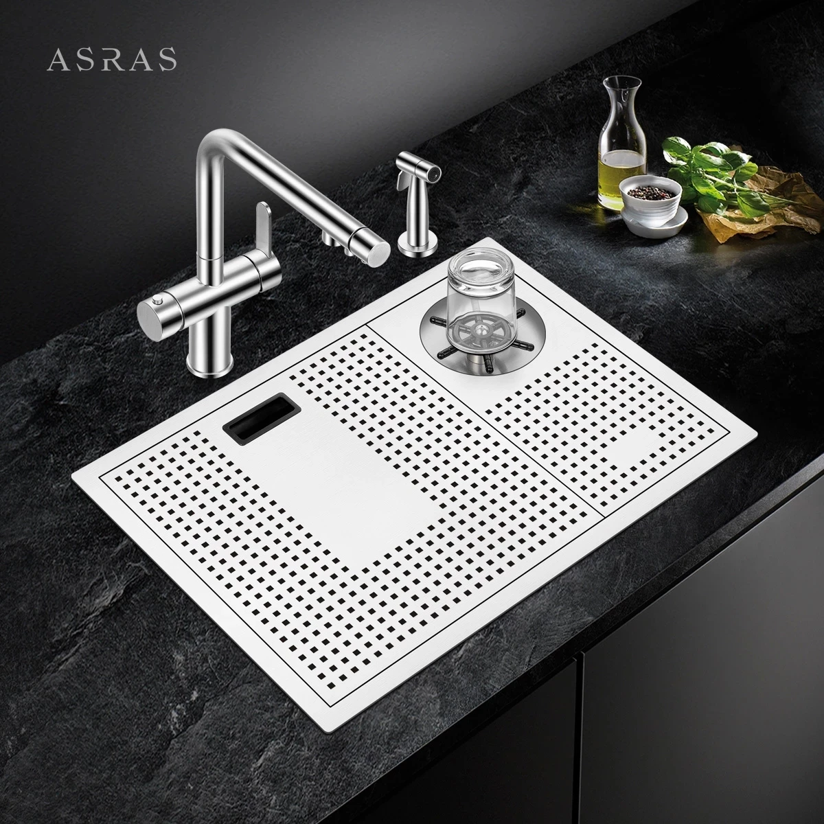 Asras 5338X Stainless Steel Kitchen Sink High-pressure Sprinkler Cup Rinser Sink Coffee Shop Wine Bar Hanmade Cup Washer Sink