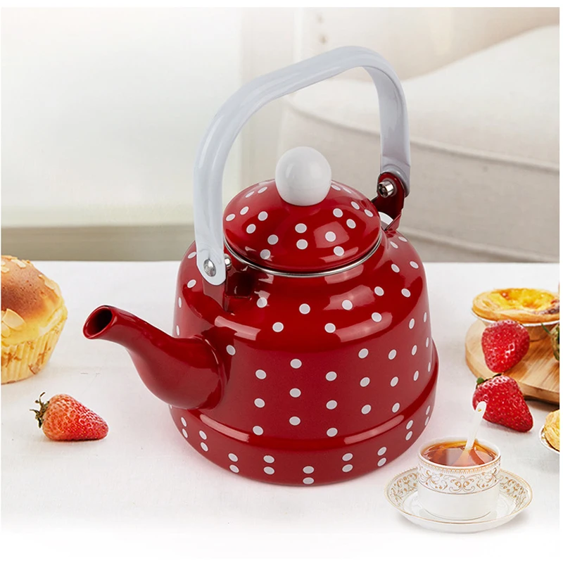 2.5L Polka-dot Enameled Kettle with Steel Handle Large Tea Coffee Pot