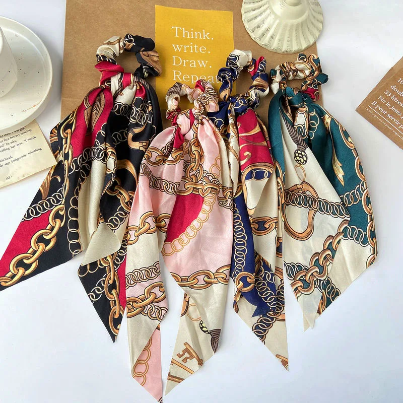 Fashion Floral Print Scrunchies Circle Bows Hair Ribbon For Women Ponytail Elastic Hair Scarf Sweet Hair Band Hair Accessories