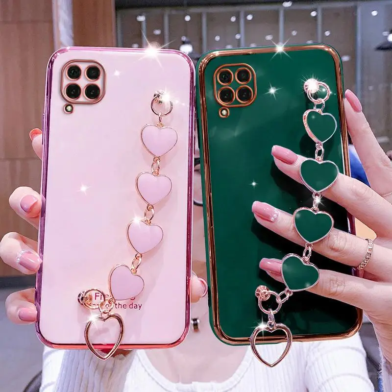 Wrist Bracelet Phone Case For Huawei P40 Lite E Case Luxury Heart Chain Plating Cover For Huawei P40 Lite E 5G Y7p Nova7i Capa