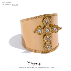 Yhpup Cubic Zirconia Cross Ring Stainless Steel Jewelry Trendy Women 18 K PVD Plated Finger Ring bague acier inoxydable Gift