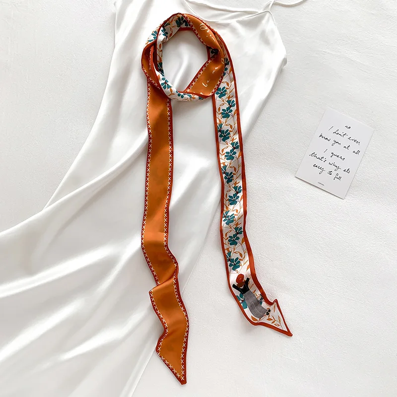 5X200CM Skinny Scarf French Fashion Imitation Silk Scarf For Women Hair band Flowers Printing Long Handbag Ribbon Pants Belt