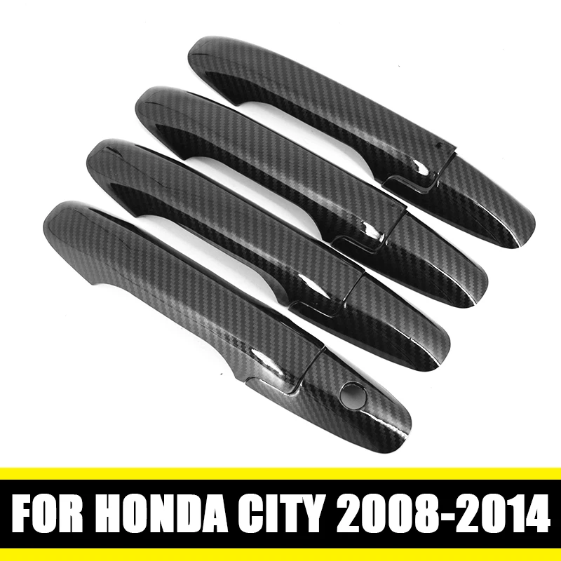 For  honda CITY 2008-2014 Black Carbon Fiber Pattern Car Door Handle Cover Bezel Trim 2009 2010 2011 2012 2013